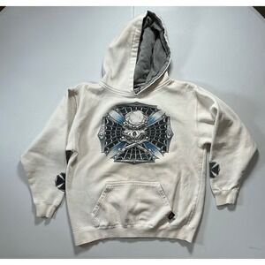 VTG Y2k Top Heavy Grunge Skater Surf Skull Hoodie Kids M White Front Back Hit